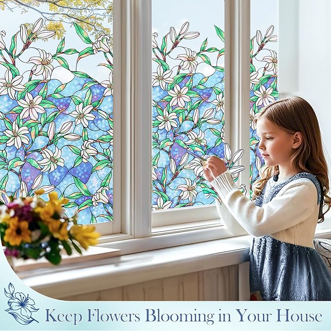 Coavas Static Cling Privacy Window Film, 96% UV & Heat Blocking, Stained Glass Window Film Floral Design, Non-Adhesive, for Bathroom, Front Door, Shower Enclosure‌ (Vinyl, 35.4" X 78.7 ")