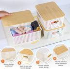Ohmlove Plastic Storage Baskets With Bamboo Lid - Plastic Storage Containers Stackable Storage bins: Storage Baskets for Orga