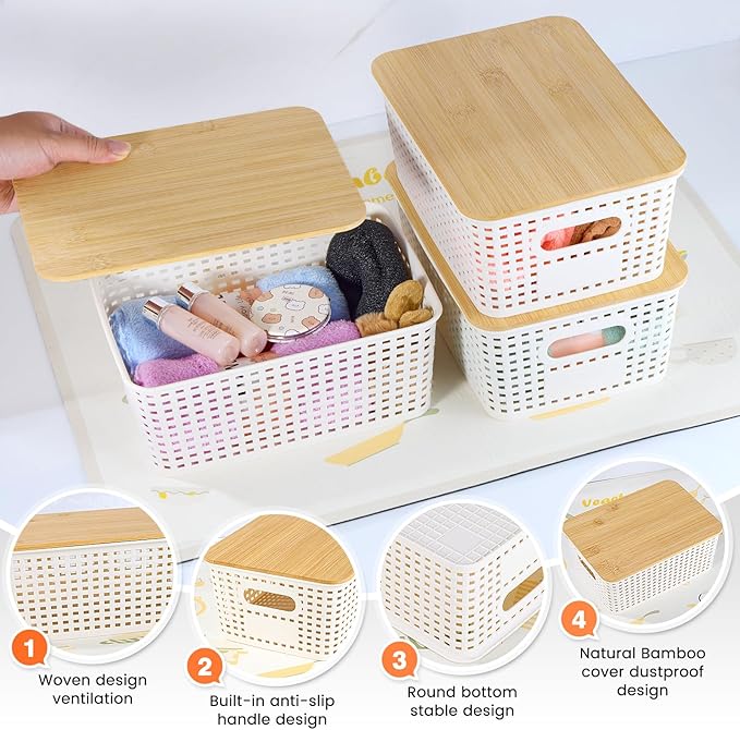 Ohmlove Plastic Storage Baskets With Bamboo Lid - Plastic Storage Containers Stackable Storage bins: Storage Baskets for Orga