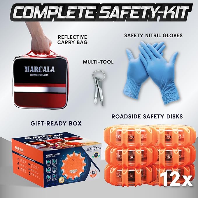 Marcala 12-Pack Emergency Flares for Vehicles | Emergency Roadside Lights | Complete LED Road Flares Kit | Emergency Lights F
