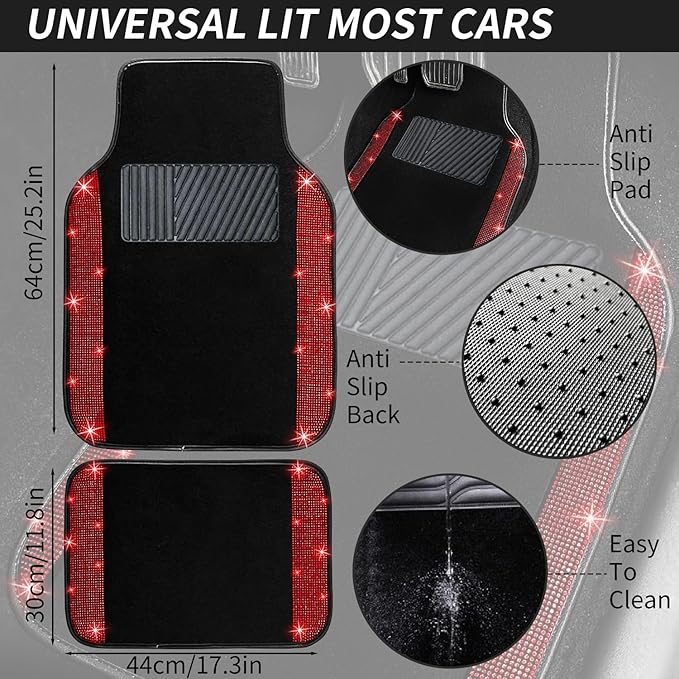 NBTEPEM Bling Car Floor Mats Full Set and Steering Wheel Cover, Universal Fit Most Cars, 4 pcs Sparkle Glitter Diamond Carpet, 5 pcs Bling Car Accessories Set for Women (Red Diamond)