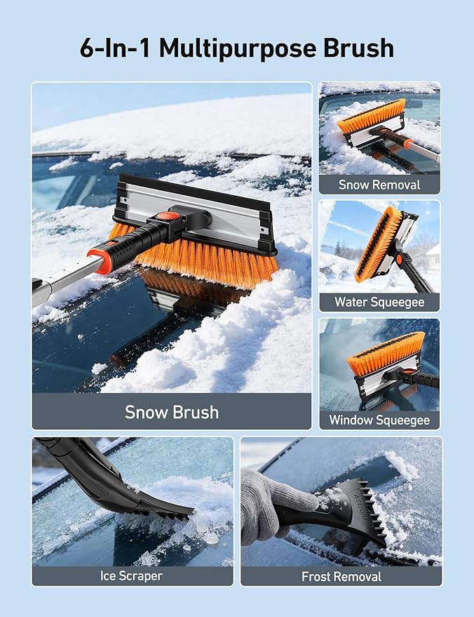 AstroAI 47.2" Ice Scrapers for Car Windshield, 3 in 1 Sturdy Snow Brush with Squeegee, 10 Adjustable Length Settings, Extendable Aluminum Handle, 180° Pivoting Snow Scraper for Car, Truck, SUV(Orange)