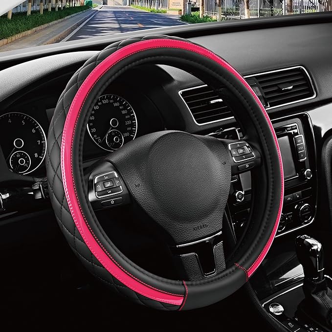 Road Comforts Leather Steering Wheel Cover – Black & Hot Pink, Universal Fit 14.5-15 Inch, Microfiber Leather, Anti-Slip & Br