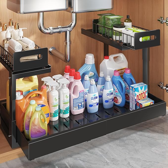 1 Pack-16"-26"W Expandable Under Sink Organizer With Upgrade Ball-Bearing Slide,2-Tier Pull Out Under Cabinet Organizer Heigh