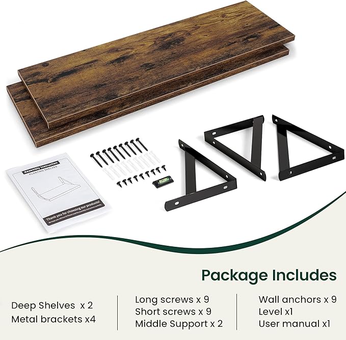 Floating Shelves, 12 Inch Deep Rustic Wood Wall Storage, 48W x 12D Wall Shelves Set of 2, Heavy Duty Metal Brackets, Large In