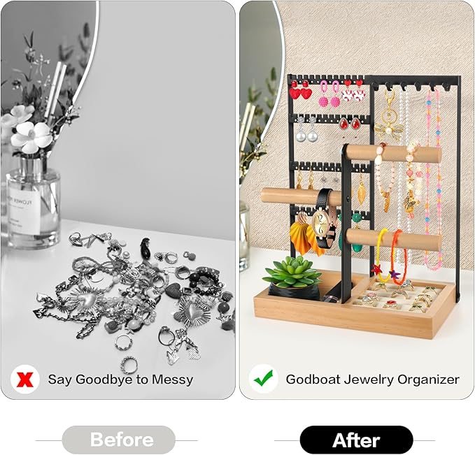 Godboat Jewelry Holder Organizer, 4-Tier Earring Holder with 48 Holes, 6 Hooks Necklace Holder, Removable Bracelet Holder, Gi