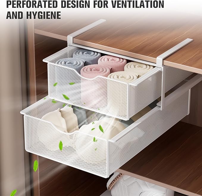 Underwear Drawer Organizer for Closet, Hanging Pull-Out Bra Sock Lingerie Storage Basket - Double-Layer Mesh Undergarment Org