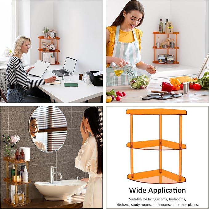 Sezanrpt 3 Tier Acrylic Corner Shelf Organizer Storage 9.5x9.5x15.7 Inch, Orange Countertop Corner Shelf for Bathroom, Kitche