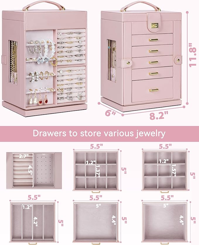 AKOZLIN 360° Rotating Jewelry Box 6-Tier Organizer Functional Jewelry Storage Case for Women Girls Ring Necklace Earring Brac