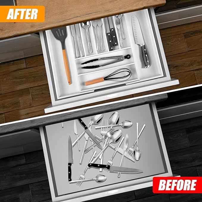 Bellsal Large Premium Bamboo Silverware Organizer - Expandable Utensil Drawer Organizer - 17"x19.6" Utensil Holder and Cutler