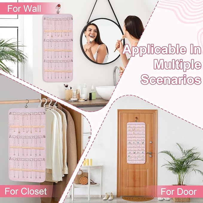 Dynoro Double-Sided Hanging Jewelry Organizer, Large Pink Storage Roll for Earrings, Necklaces, Rings, 48 Pockets 21 Hooks, D