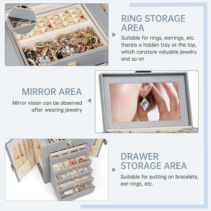 AKOZLIN 6-Tier Jewelry Box Organizer Functional 5 Drawers Leather Jewelry Storage Case for Women Girls Ring Necklace Earring 