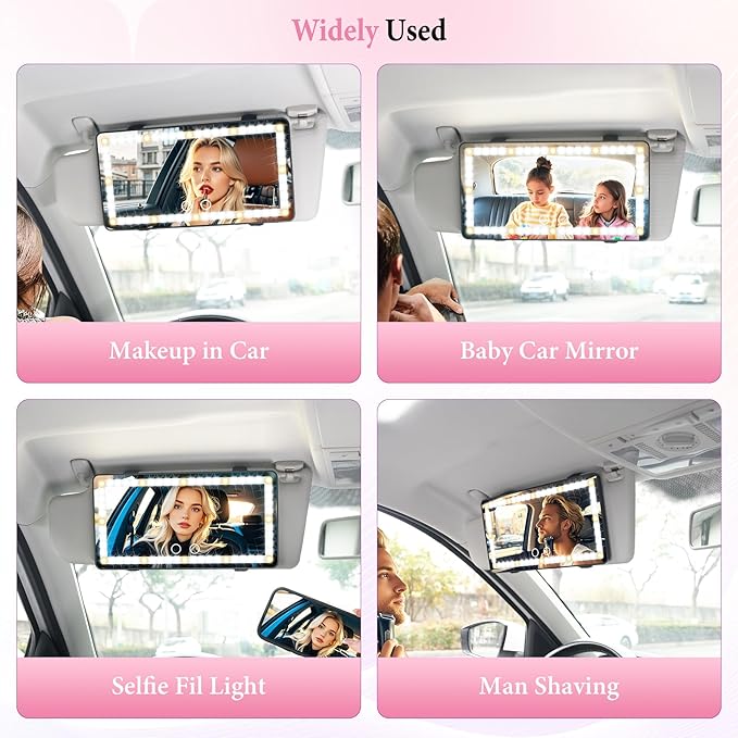 SINGARO 2PCS Car Sun Visor Vanity Mirror - Rechargeable Makeup Mirror with 60 LEDs, 3 Light Modes & Dimmable Touch Control for Cars, Trucks, SUVs, Car Interior Accessories for Women (Black)