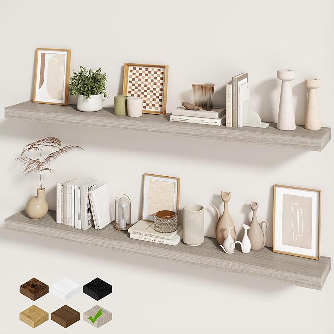 Fun Memories 60 Inch Fireplace Mantel - Long Floating Shelf, Wall Mounted Farmhouse Display with Invisible Heavy Duty Metal B