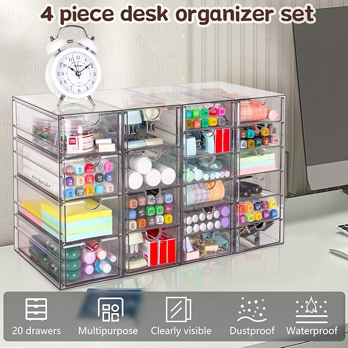 VZKAH Acrylic Organizer with Drawers | 20 Drawers 4 Sets | Desk Organizer and Storage, Clear Makeup Organization, For Office/