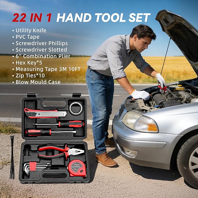 Car Emergency Safety Kit Bag with Portable Air Compressor, Jumper Cables,First Aid Kit, Winter Vehicle Roadside Emergency Kit