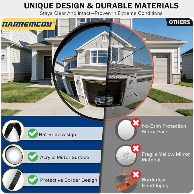 New 24 Inch Acrylic Convex Mirror with Rain-shield - Adjustable Wide Angle View Traffic Mirror Indoor Outdoor, Wall Mounting Blind Spot for Garage Warehouse, School, Store Safety and Office