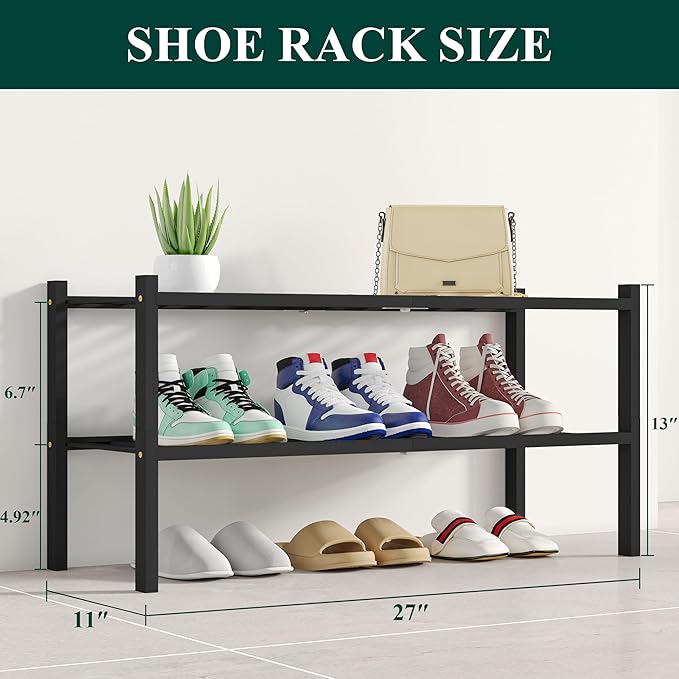 Smiry Shoe Rack, 2 Tier Bamboo Shoe Organizer, Stackable Free Standing Wooden Shoe Storage Shelf for Closet, Entryway, Front 