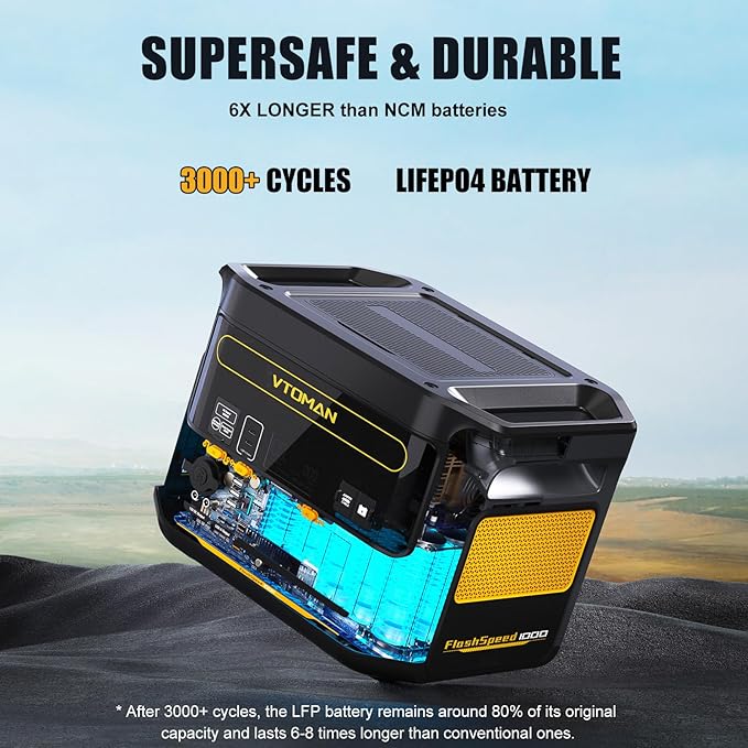 VTOMAN FlashSpeed 1000 Portable Power Station with Jumper Cables, 828Wh LiFePO4 Solar Generator & Car Jump Starter, 1H Fast Charging, 2000W Peak for Home Backup, Camping, Roadside Emergencies
