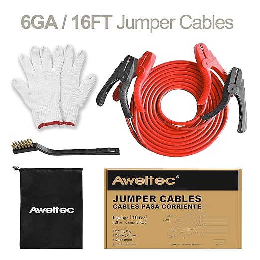 Heavy Duty Jumper Cables,6 Gauge 16 Feet Booster Battery Cable,Automotive Wires with LED Light,Alligator Clips,Carrying Bag,Safety Gloves and Iron Brush for Cars Truck