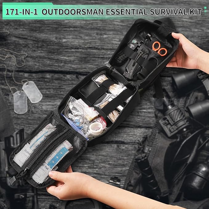 171PCS Survival First Aid Kit with Survival Gear, First Aid Supplies, Emergency Tent, and MOLLE Nylon Bag, Ideal for Car, Tra