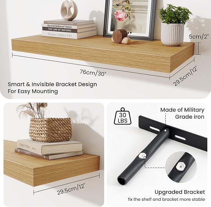 Fun Memories 12 Inch Deep Floating Shelves for Wall, 30 Inch Long Floating Shelf, 30 x 12 Shelf for Wall, Rustic Wood Bookshe