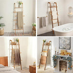 ZUNTO Blanket Ladder with Top Shelf for The Living Room - 67in Decorative Wooden Blanket Holder, 5 Tier with Side Hooks for H