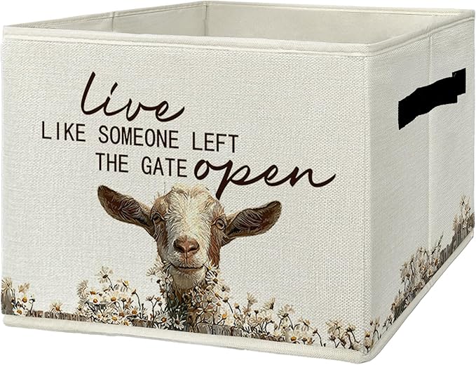 Rustic Goat Storage Bins & Boxes with Handles, Farmhouse Goat Foldable Basket for Organizing, Live Like Someone Left the Gate