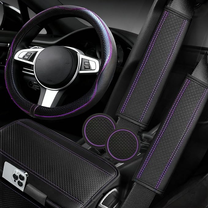 NBTEPEM 6 PCS Car Steering Wheel Cover Set, Microfiber Leather Steering Wheel Covers Universal 14.5-15 inch, Center Console Cover, Seat Belt Cushion, Cup Holder Coaster, Car Accessories Set Purple