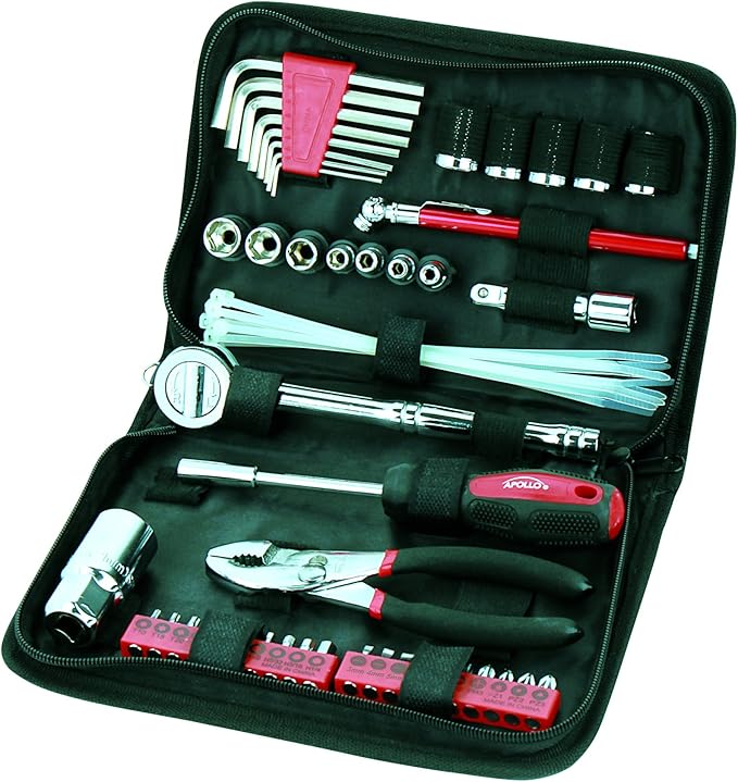 Apollo Tools 56 Piece Compact Metric Auto Tool Set in Zippered Case, Small Mechanic Tool Set for Car Emergency, Motorcycle Re