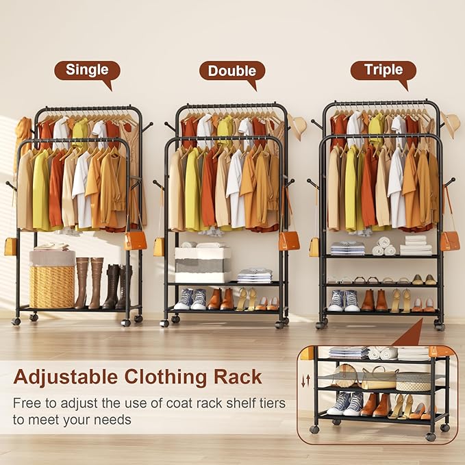 Furologee Clothes Racks for Hanging Clothes, Portable Rolling Garment Rack, Sturdy Metal Freestanding Cloths Racks with Wheel