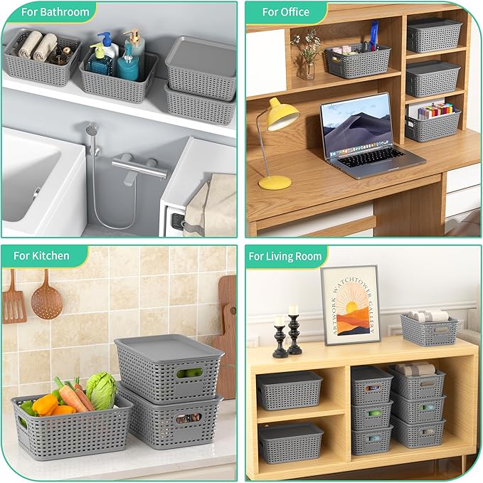 8-Pack Grey Plastic Storage Baskets with Lids, Label Organizers, Stackable Organizer Containers: For Organizing Shelves, Draw