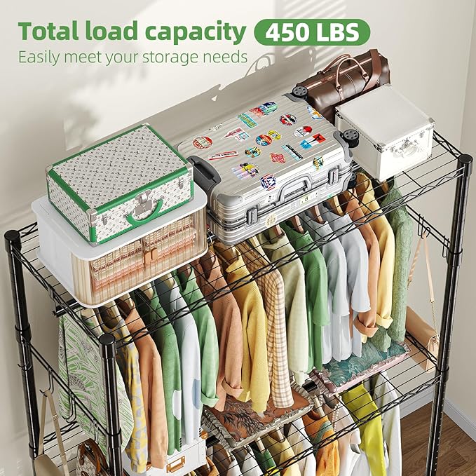 Simple Trending Heavy Duty Clothing Rack 3 Tiers Adjustable Wire Shelving Clothes Rack with Double Rods and Side Hooks, Frees