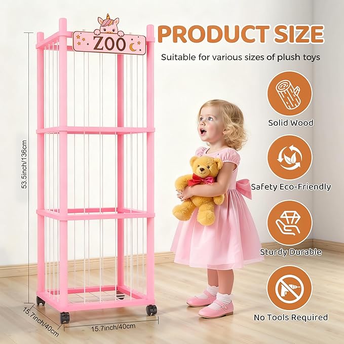 Stuffed Animal Storage Zoo Tower,56In Wooden Large Stuffed Animal Holder Organizer with Wheels,Stuffy Plushies Storage with E
