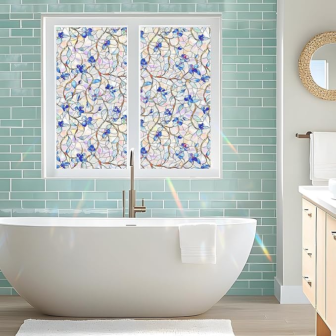 SOMWISE Rainbow Window Privacy Film,Heat Control,UV Blocking,Anti-Glare,Day & Night Privacy Protection & Decoration for Home, Bathroom,Glass Door,Static Cling,Renter-Friendly with Installation Tools