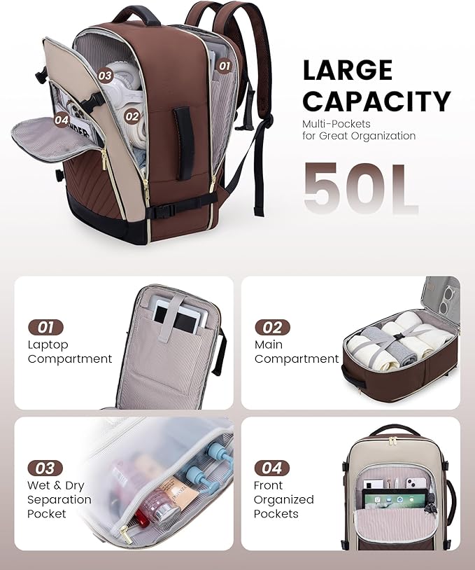 LOVEVOOK Large Travel Backpack for Women, TSA Carry on Backpack for Airplanes, 50L Personal Item Travel Bag for Women fits 17