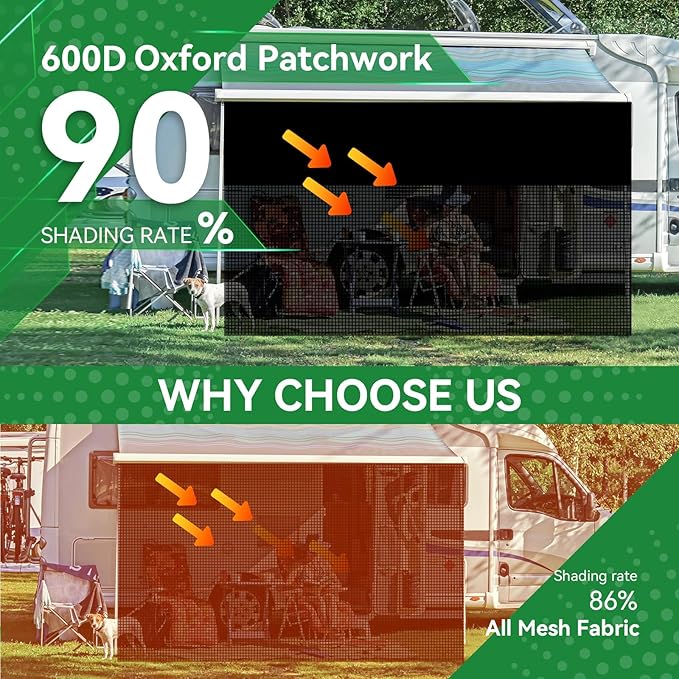 RV Awning Shade Screen with Zipper 9' x 13'3'', 600D Oxford Top + Mesh Bottom, RV Sun Shade Screen for Awning, RV Shade Complete Kits for Trailer Camper