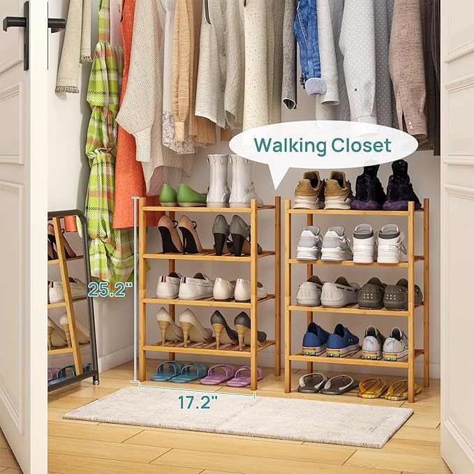 viewcare Small Shoe Rack, 4-Tier Rack for Entryway, Bamboo Wood Shoe Shelf for Closet & Hallway, Long 17 in | Beautiful | Fun