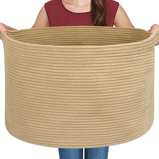 MEGASKET Extra Large Storage Basket, 22" X 22" X 14" Stuffed Animal Basket for Living Room Kids Room, Soft Cotton Rope Bin Wi