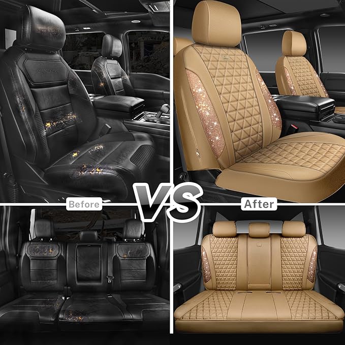 CAR PASS Bling Diamond Beige Leather Car Seat Covers Full Sets Interior Set, Waterproof Shining Glitter Sparkly Crystal Unive