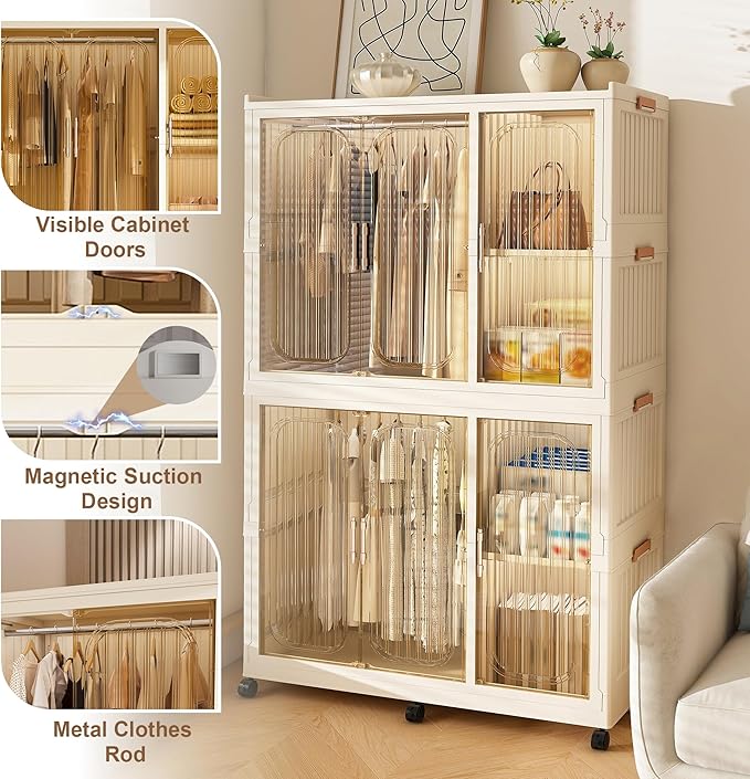 Portable Wardrobe Closet Storage Organizer, Plastic Collapsible Closet Organizer with Transparent Magnetic Door, for Bedroom 