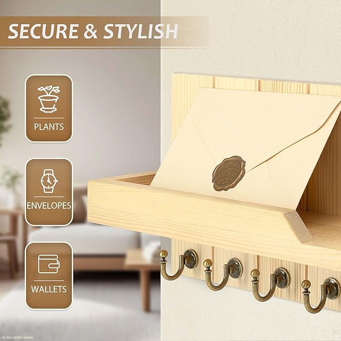 Rebee Vision Farmhouse Pine Key Holder Wall Mount for Room Decor - Key Holder for Wall with Floating Shelf for Placeable Plan