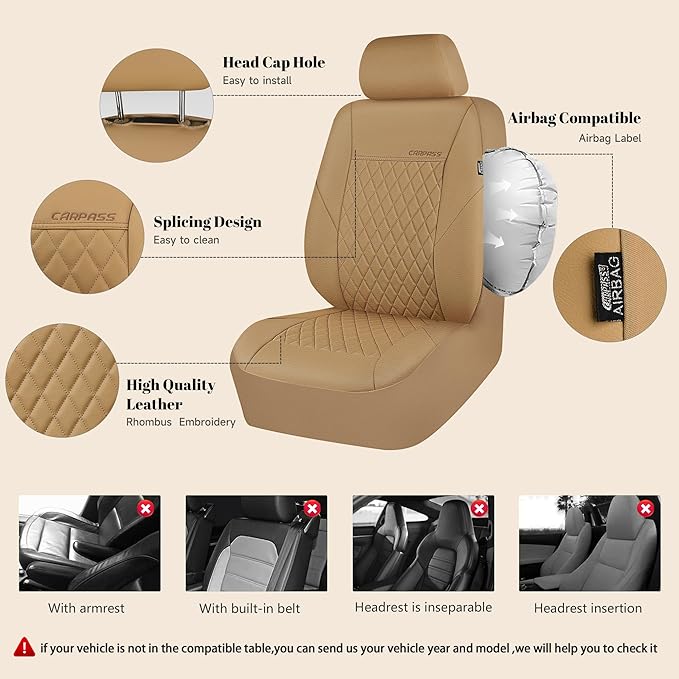 CAR PASS Faux Leather Seat Covers Full Set, Quilting Waterproof Premium Automotive Seat Cover with 5mm Composite Sponge Insid