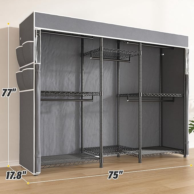 Raybee Clothes Rack with Cover,Clothing Racks for Hanging Clothes Heavy Duty,Portable Closet with Shelves,Adjustable,Loads 90