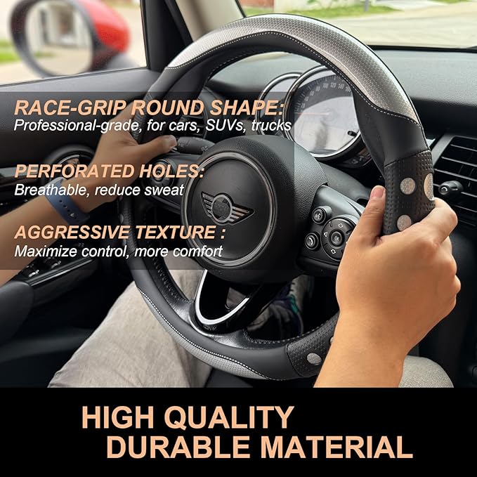 PINCTROT Race Grip Steering Wheel Cover, Anti Slip Silicone Perforated Design with Soft Touch Padding, Enhanced Grip for Sporty Driving, Universal 14.5-15 Inch (Racing Silver)