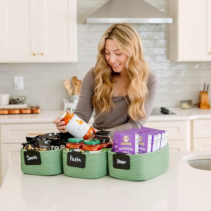 NaturalCozy 11.8"x8"x4.5” Rectangle Storage Baskets for Shelves 3 Pack | Cotton Rope Woven Small Baskets for Organizing | Sma