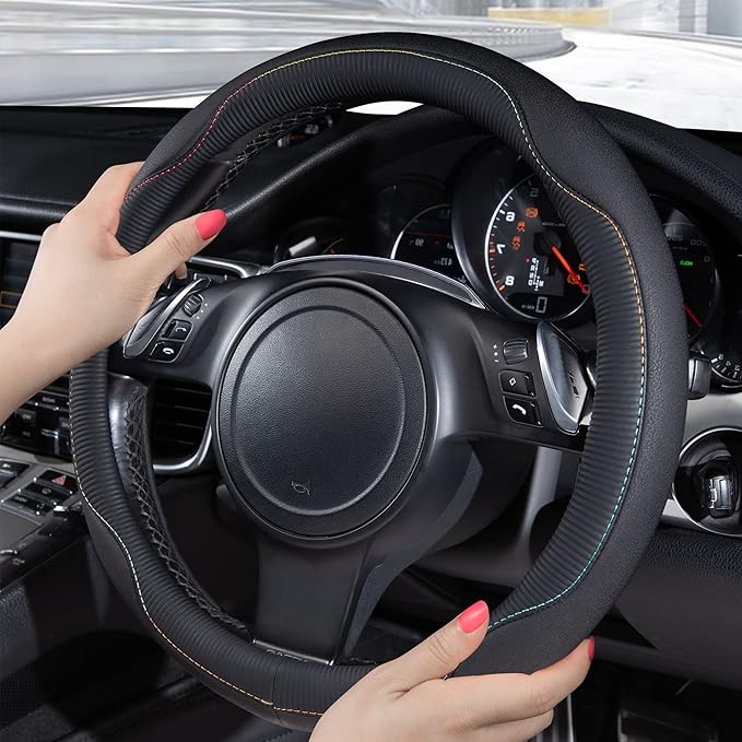 CAR PASS Colour Piping Leather Universal Fit Steering Wheel Cover,Perfectly fit for 14.5-15 inches for Various Vehicles Suvs,