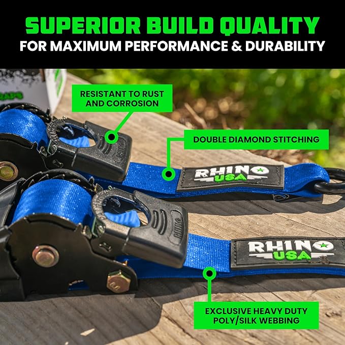 Rhino USA Retractable Ratchet Straps (4-Pack) - 2 Inch x 10 Feet (3,033lb Break Strength) - Heavy Duty Auto Self Retracting Tie Down Straps for Truck, Cargo Trailer, Motorcycle, Rad & More - Blue