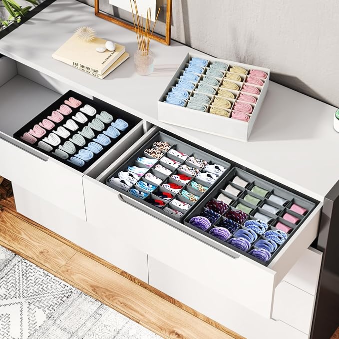 Underwear Organizer 4 Pack, 24 Cell Sock Drawer Organizer Divider, Sock and Underwear Drawer Organizer Foldable Tie Organizer
