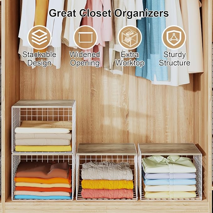 Closet Organizers And Storage Shelf, 3Pack Stackable Closet Storage Bin Basket For Clothes Sweaters With Top Board, Widened O